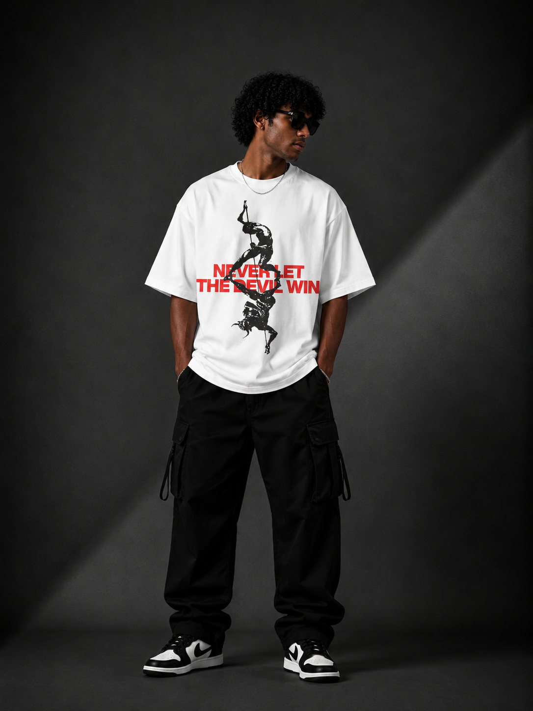 NEVER LET THE DEVIL WIN™ Oversized Graphic Streetwear Tee – White Edition