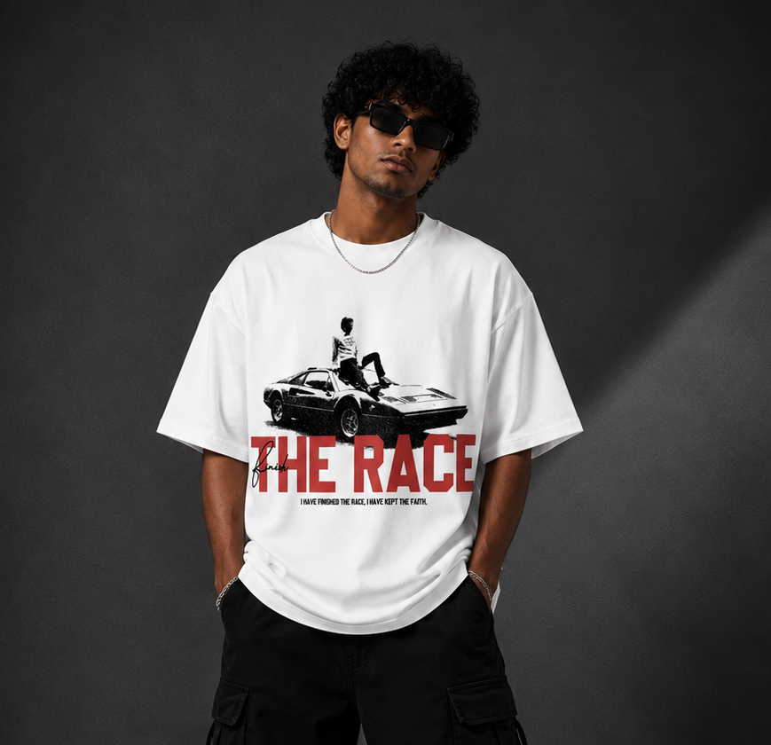 THE RACE™ Oversized Graphic Streetwear Tee – White Edition