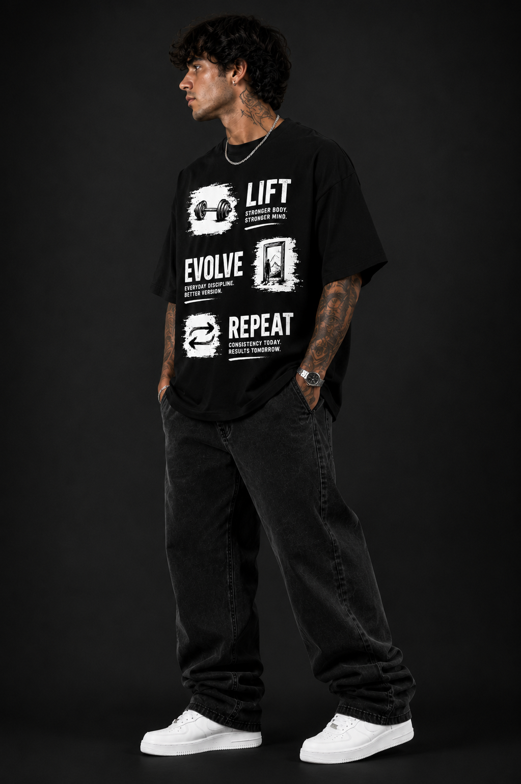 EVOLVE LIFT REPEAT™ Oversized Graphic Streetwear Tee – Black Edition