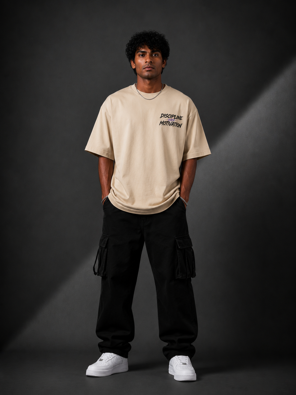 DISCIPLINE OVER MOTIVATION™ Oversized Graphic Streetwear Tee – Sand Edition