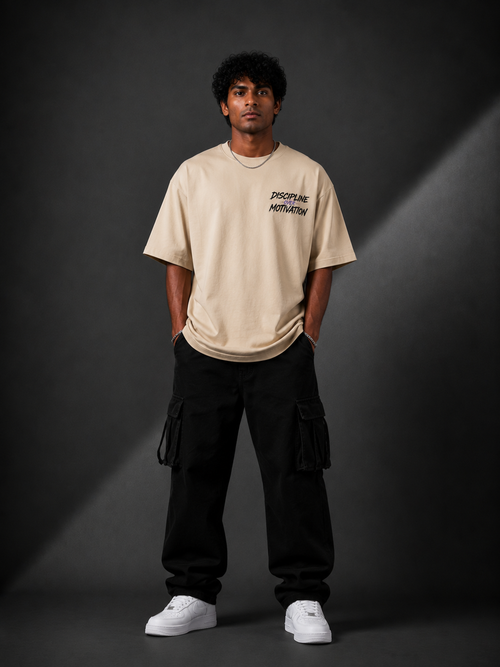 DISCIPLINE OVER MOTIVATION™ Oversized Graphic Streetwear Tee – Sand Edition
