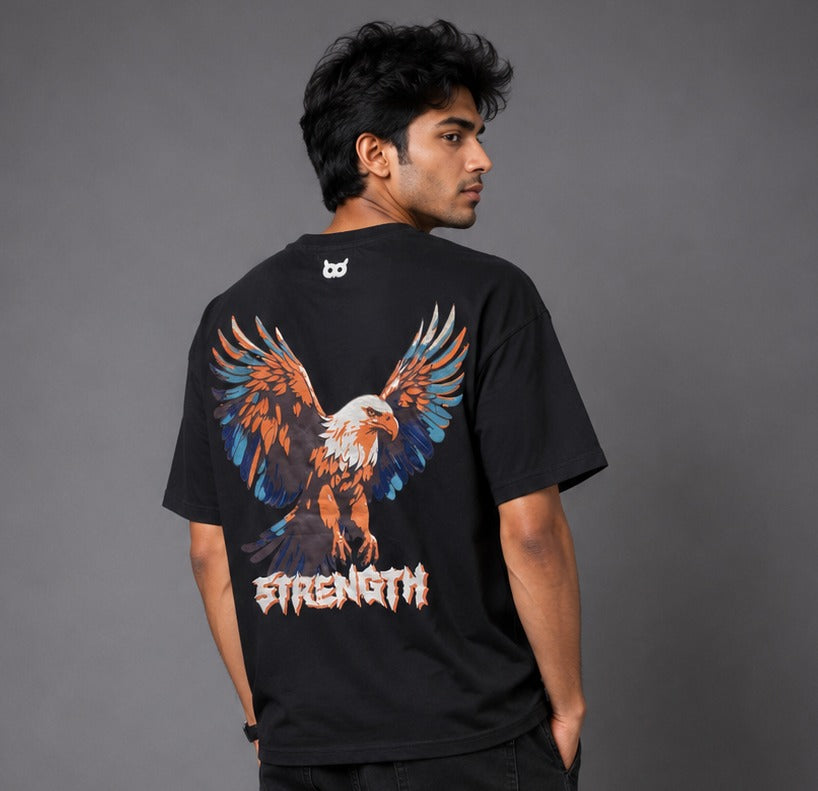 Strength Eagle Oversized Black T-Shirt for Men | Graphic Streetwear Back Print Tee