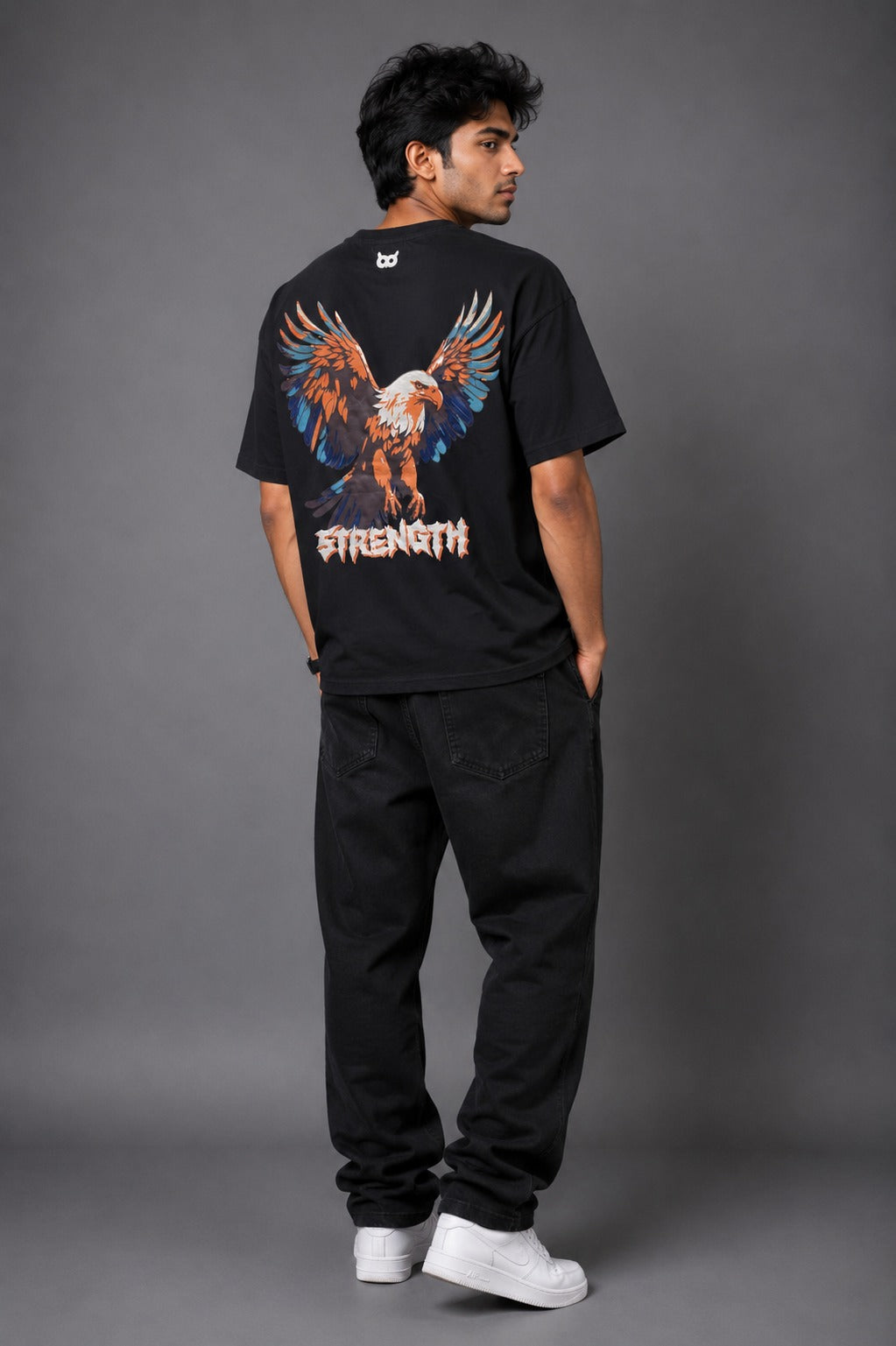 Strength Eagle Oversized Black T-Shirt for Men | Graphic Streetwear Back Print Tee
