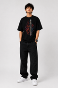 Black oversized graphic T-shirt from the StitchVaults™ GANESHA LEGACY™ Collection featuring a modern Lord Ganesha illustration with the sacred Har Har Mahadev mantra, Trishul motif, and glowing spiritual artwork.