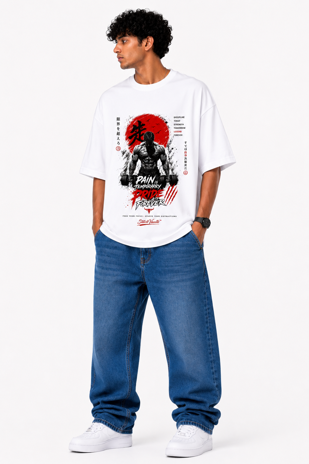 White oversized premium cotton gym T-shirt featuring a powerful bodybuilder silhouette against a red Japanese-style sun with bold motivational typography reading "Pain is Temporary. Pride is Forever." from the StitchVaults™ GYM LEGACY™ Collection.