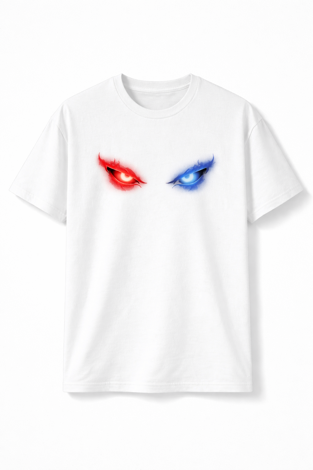 Dual Flame Eyes Graphic T-Shirt – Red Blue Neon Streetwear Tee