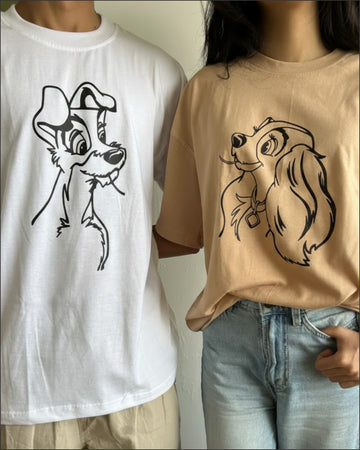 Cute dog couple graphic t shirts with minimal line art design for couples
