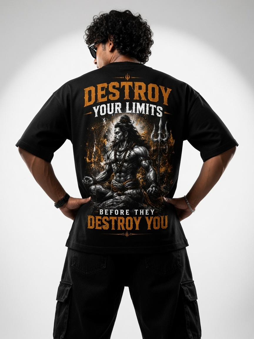 A man shown from the back wearing a black graphic t-shirt with a large print of Lord Shiva and the text 'DESTROY YOUR LIMITS BEFORE THEY DESTROY YOU'.