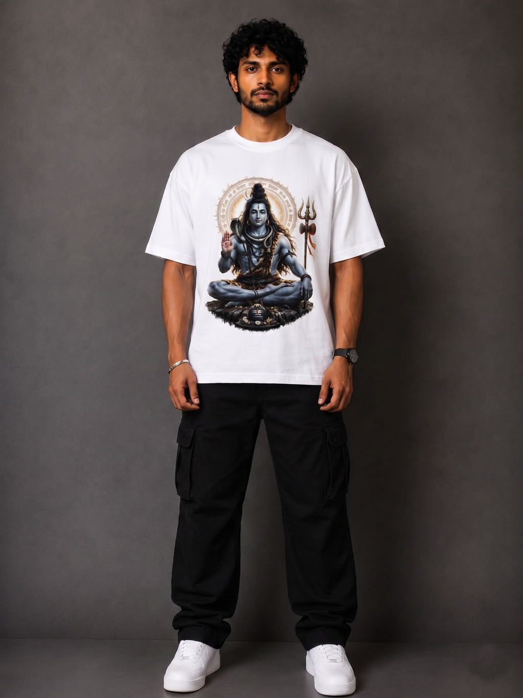 Lord Shiva Meditating Oversized Graphic T-Shirt - Divine White