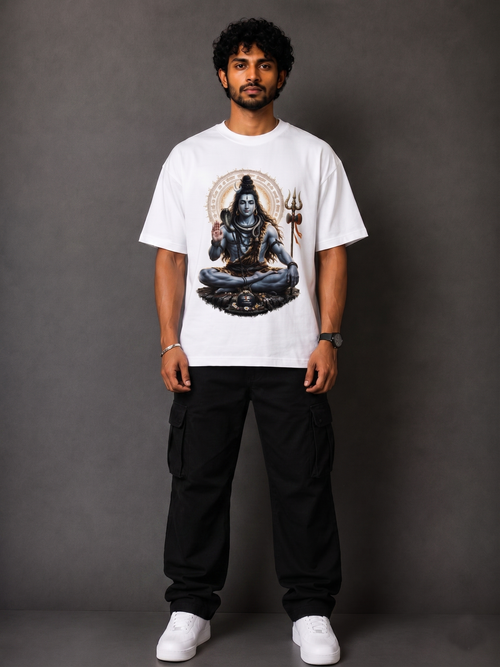 Person wearing a white t-shirt with a graphic design on a gray background