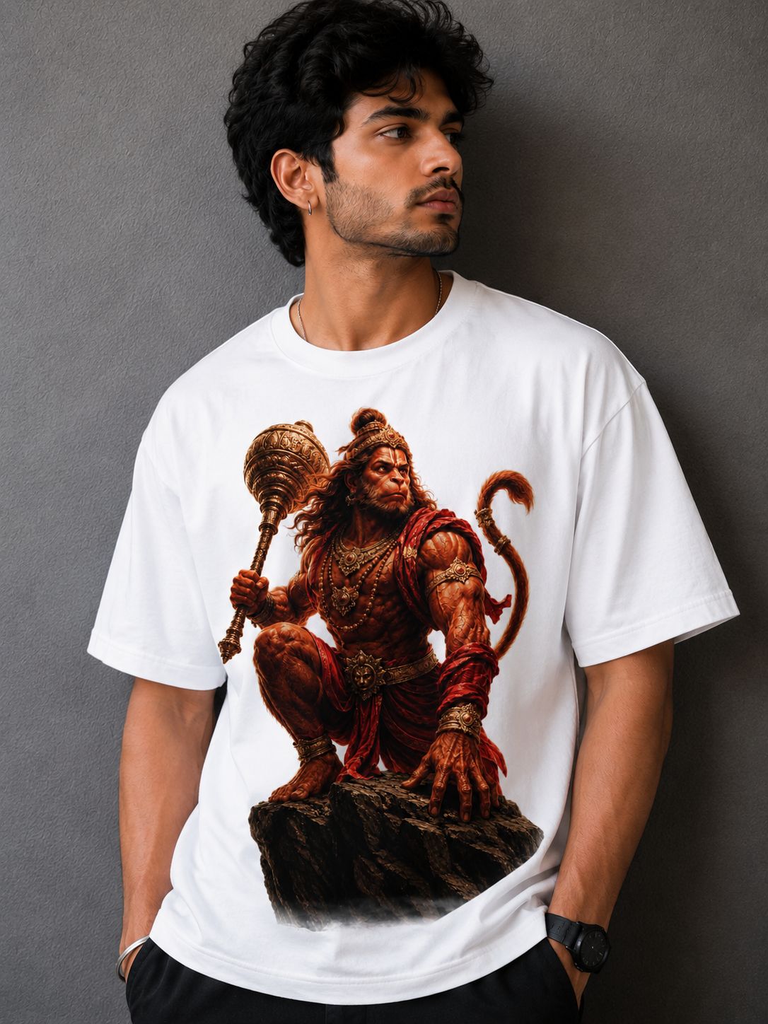 Hanuman "The Warrior Monk" White Oversized Graphic T-Shirt