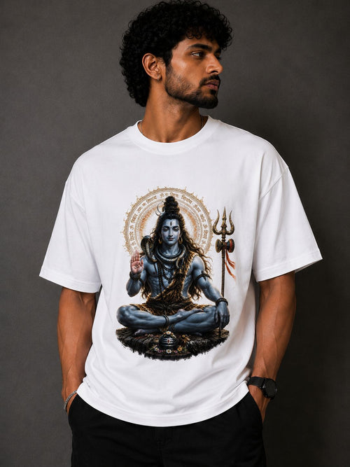 Lord Shiva Meditating Oversized Graphic T-Shirt - Divine White