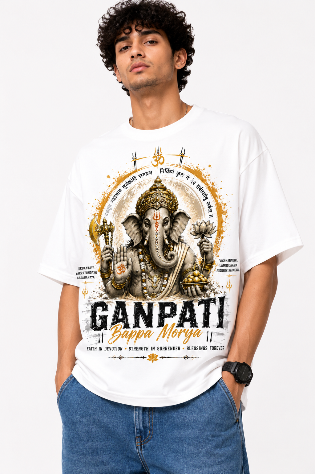 StitchVaults™ Ganpati Bappa Morya Oversized Graphic T-Shirt – GANESHA LEGACY™ Collection | Premium Cotton