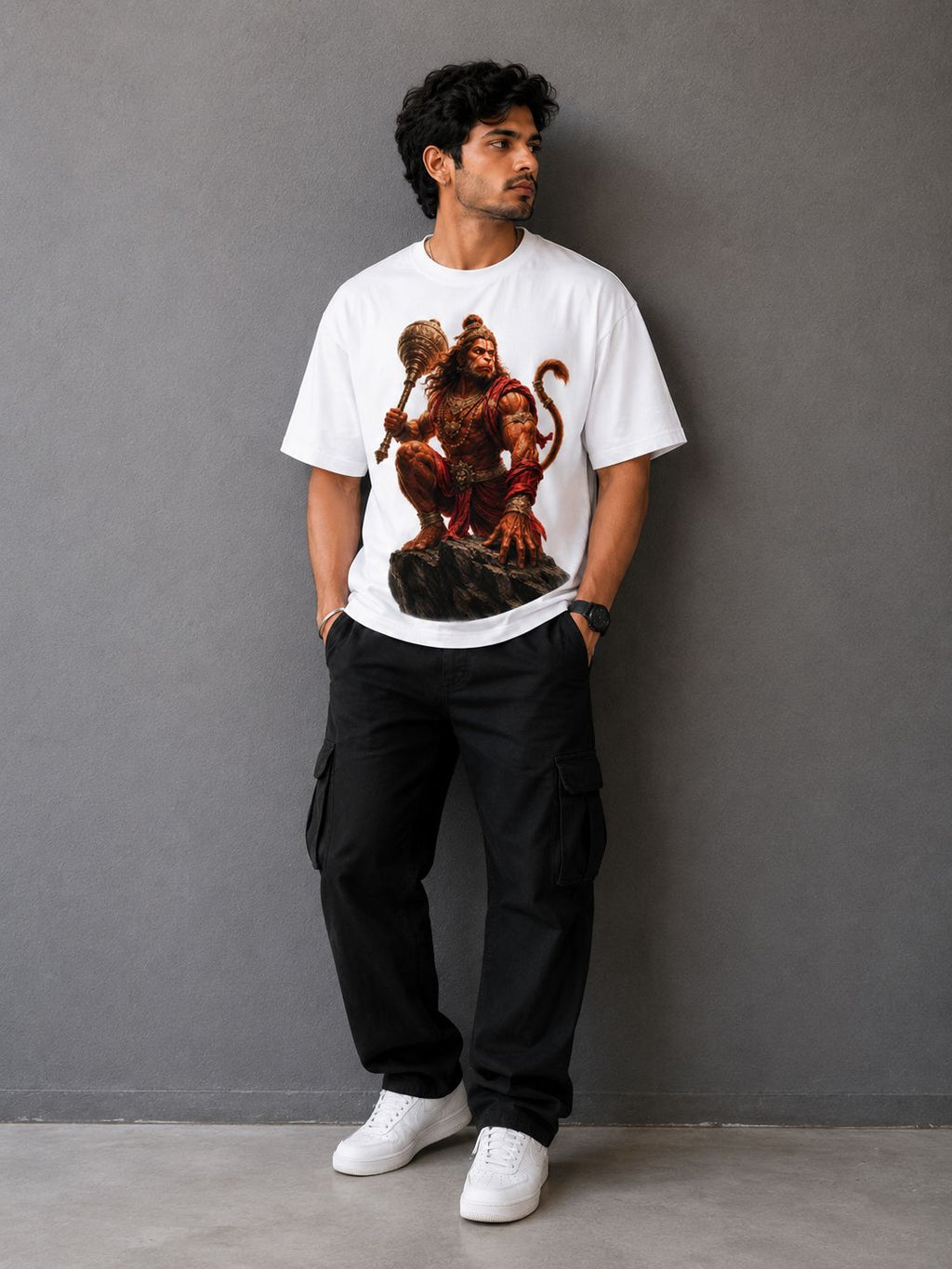 Hanuman "The Warrior Monk" White Oversized Graphic T-Shirt