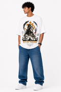 White oversized graphic T-shirt from the StitchVaults™ MAHADEV LEGACY™ Collection featuring a detailed Lord Shiva portrait with Om symbol, Trishul, temple artwork, and bold Har Har Mahadev typography.