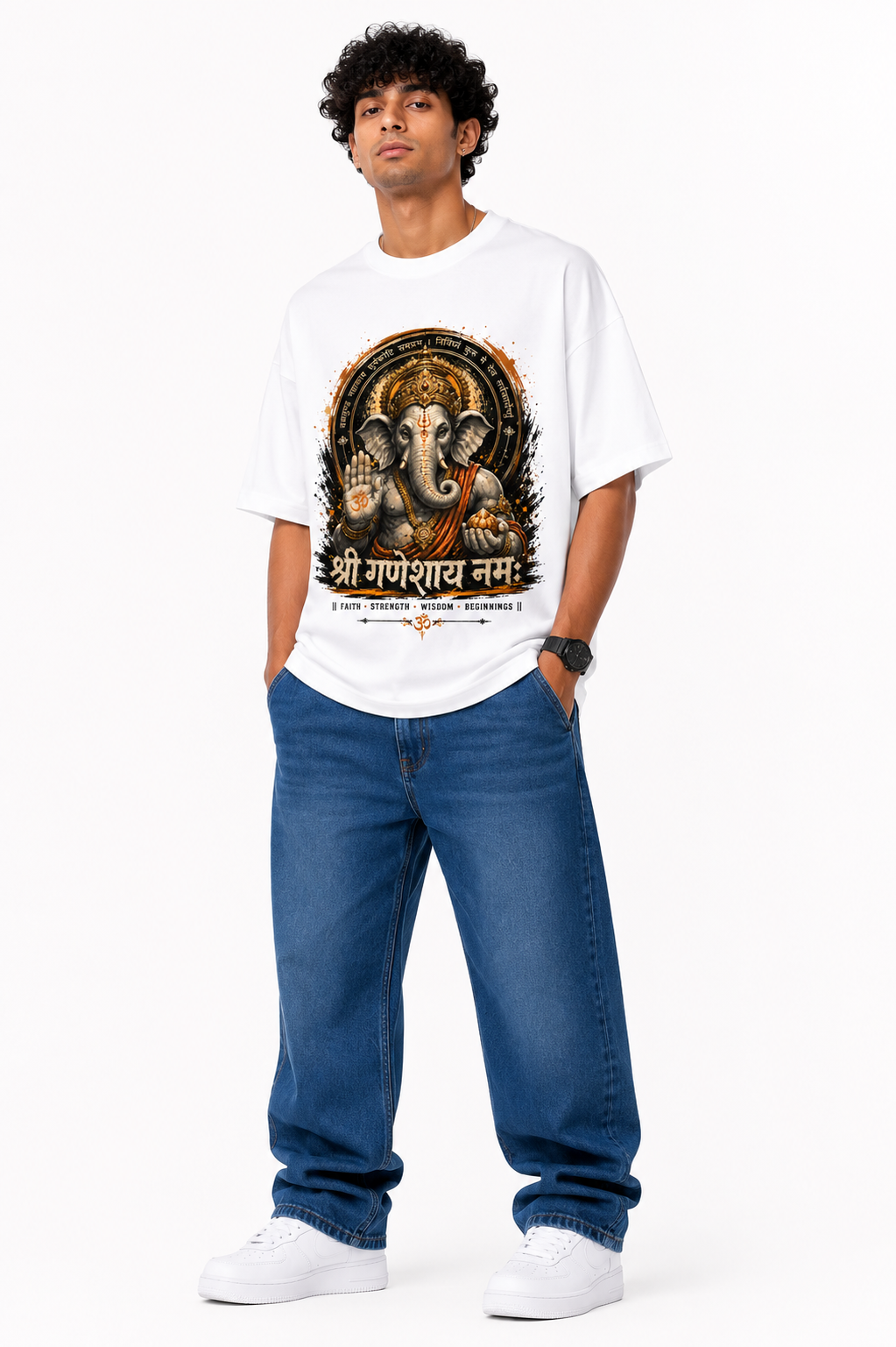 Navy blue oversized graphic T-shirt from the StitchVaults™ GANESHA LEGACY™ Collection featuring a monochrome Lord Ganesha portrait with sacred Om symbol, Sanskrit mantras, and the inspirational quote "Stay Focused, Keep Faith, Let Bappa Handle the Rest."
