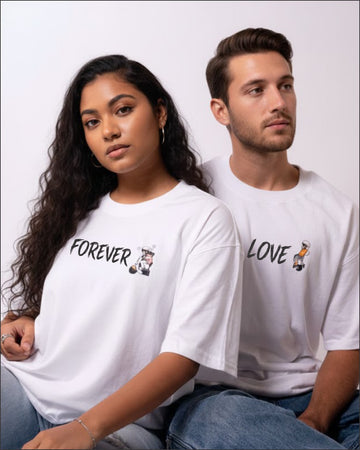 Forever love matching couple graphic t shirts with minimal printed design

