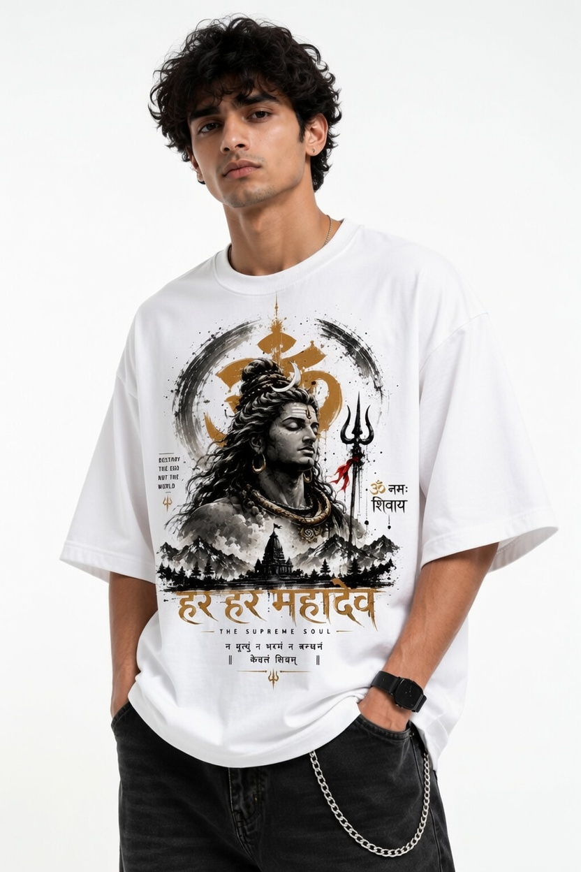 A man wearing a white graphic t-shirt featuring a detailed print of Lord Shiva with Devanagari text, paired with black jeans against a plain white background.