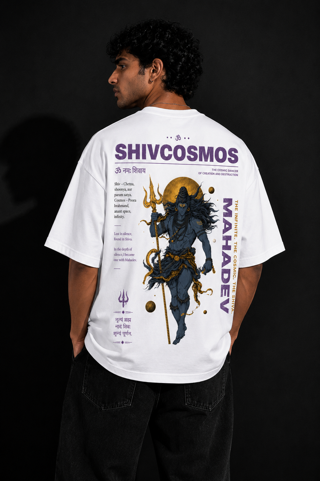Person wearing a white t-shirt with 'SHIVCOSMOS' design on the back, featuring a depiction of Lord Shiva.