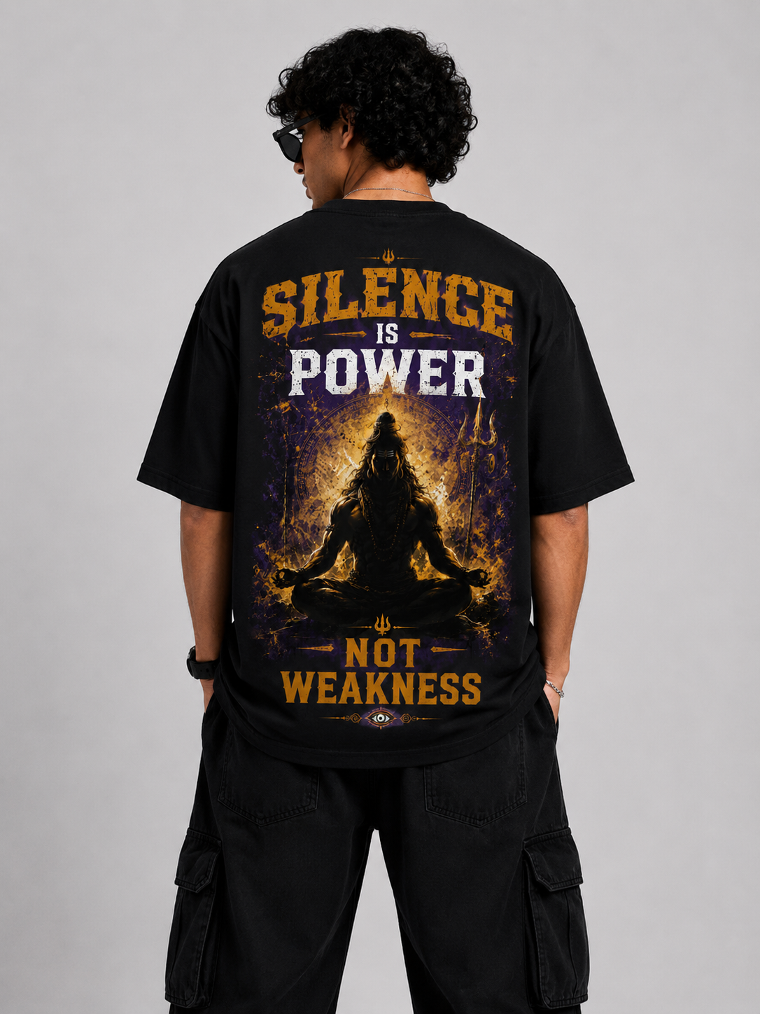 A man viewed from the back wearing a black graphic t-shirt with a large design on the back. The design features the text 'SILENCE IS POWER' in distressed gold and white lettering, a central silhouette of a meditating figure, and 'NOT WEAKNESS' in gold at the bottom.