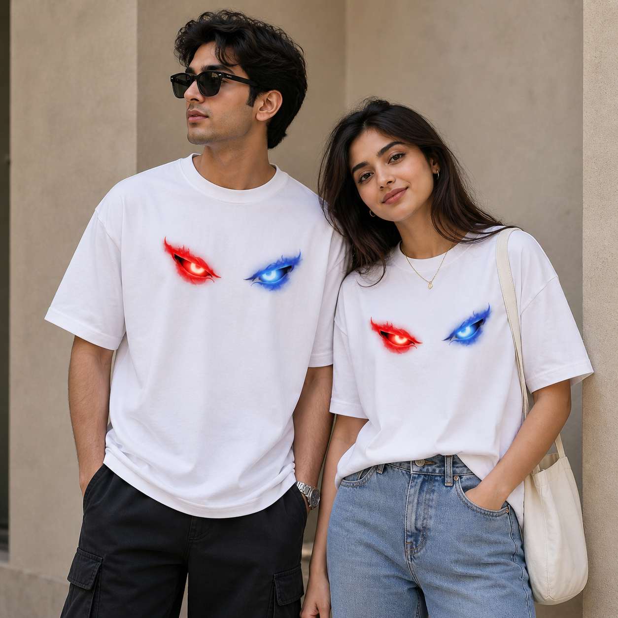 Dual Flame Eyes Graphic T-Shirt – Red Blue Neon Streetwear Tee