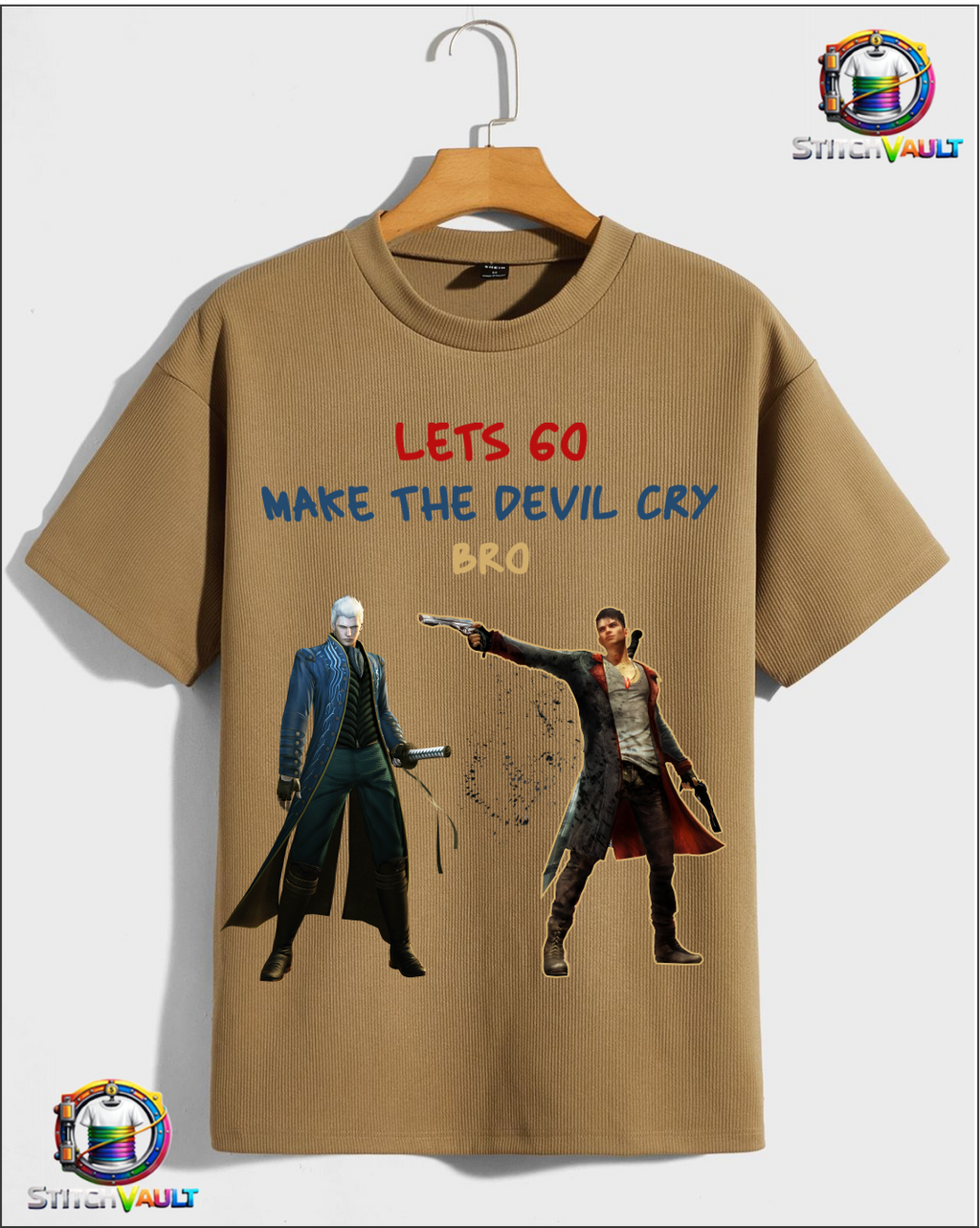Make The Devil Cry graphic t-shirt with action-inspired gaming print on premium sand color cotton fabric