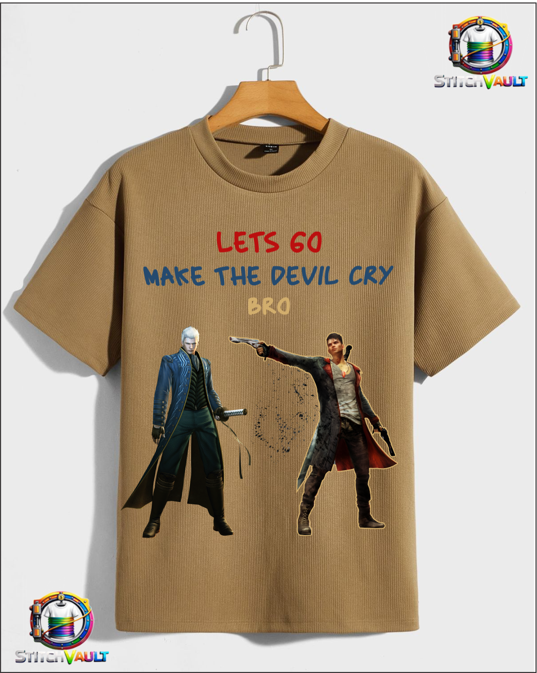 Make The Devil Cry graphic t-shirt with action-inspired gaming print on premium sand color cotton fabric