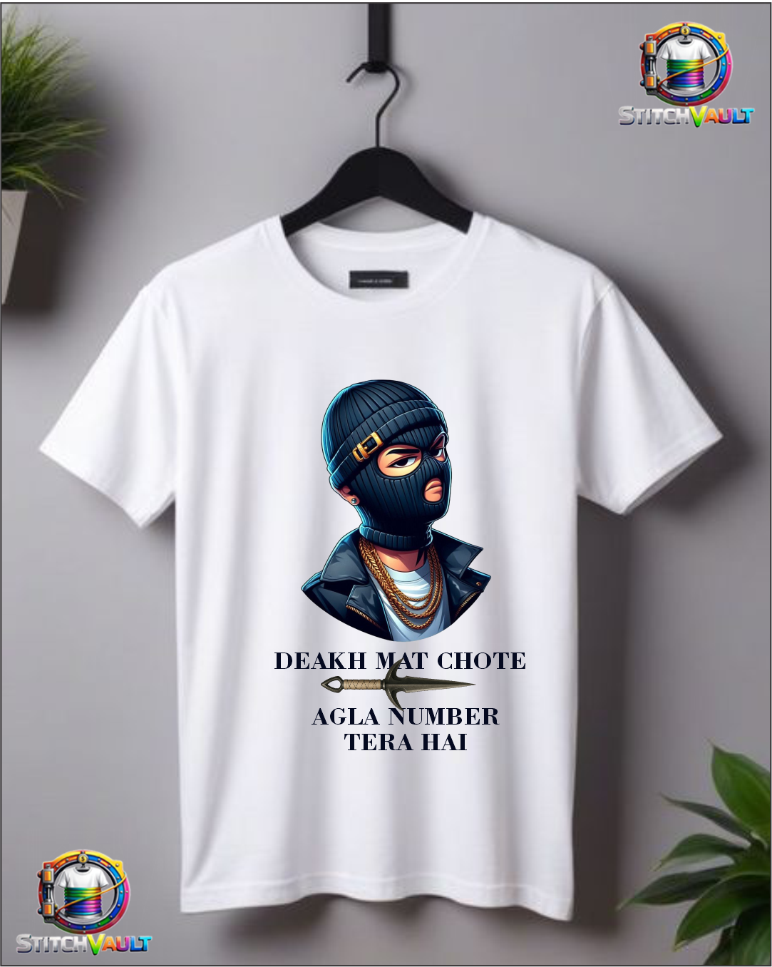 Deakh Mat Chote Hindi quote graphic t-shirt with masked character print on white cotton fabric