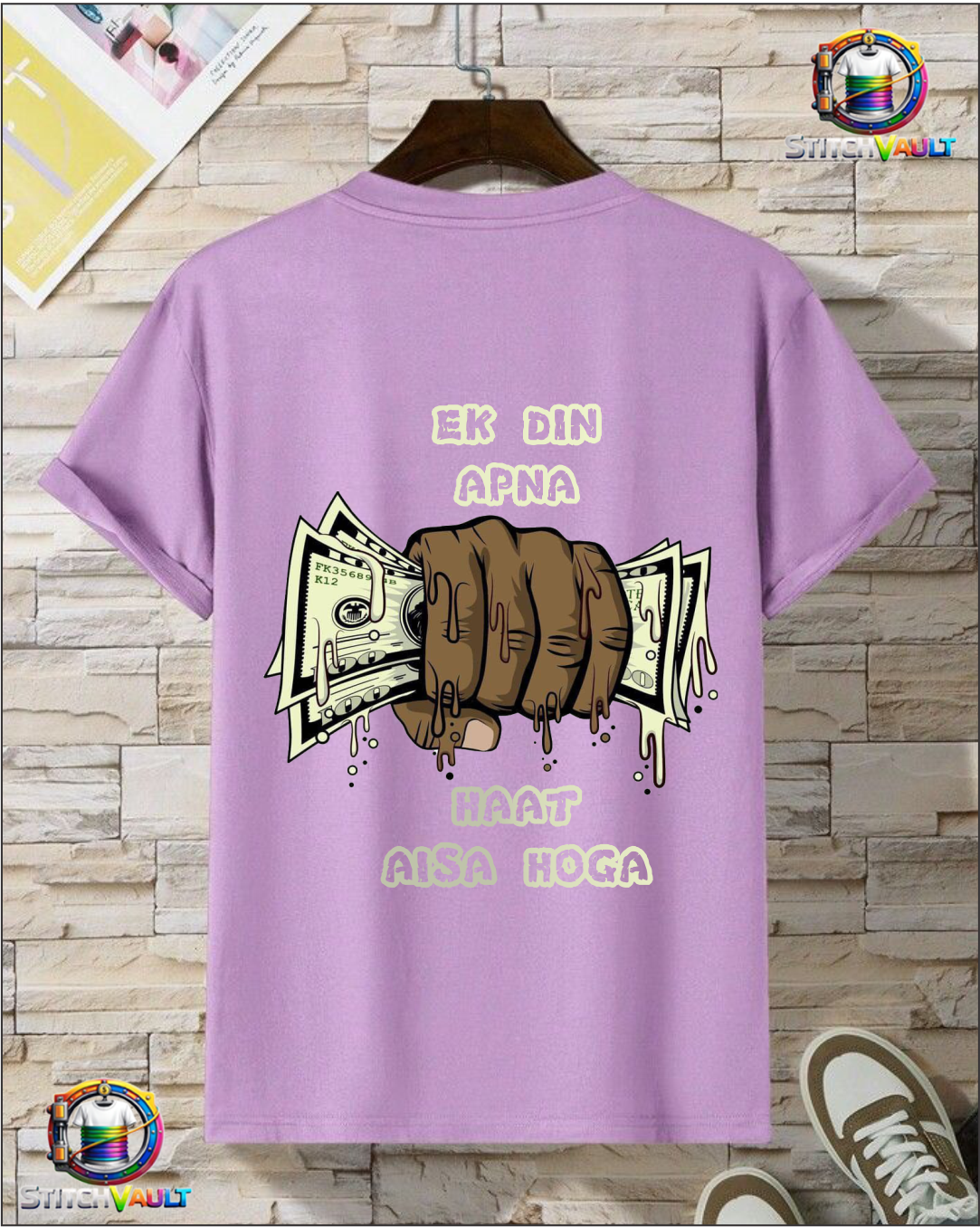 Ek Din Apna Haat Aisa Hoga Hindi quote graphic t-shirt with money fist print on lavender cotton fabric
