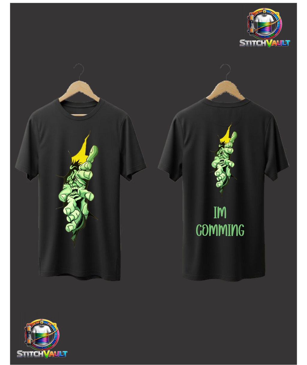 Unleashed Hulk Graphic Tee with ripped design, featuring green Hulk hand graphic on front and text "I'M COMING" on back, power graphic t-shirt.