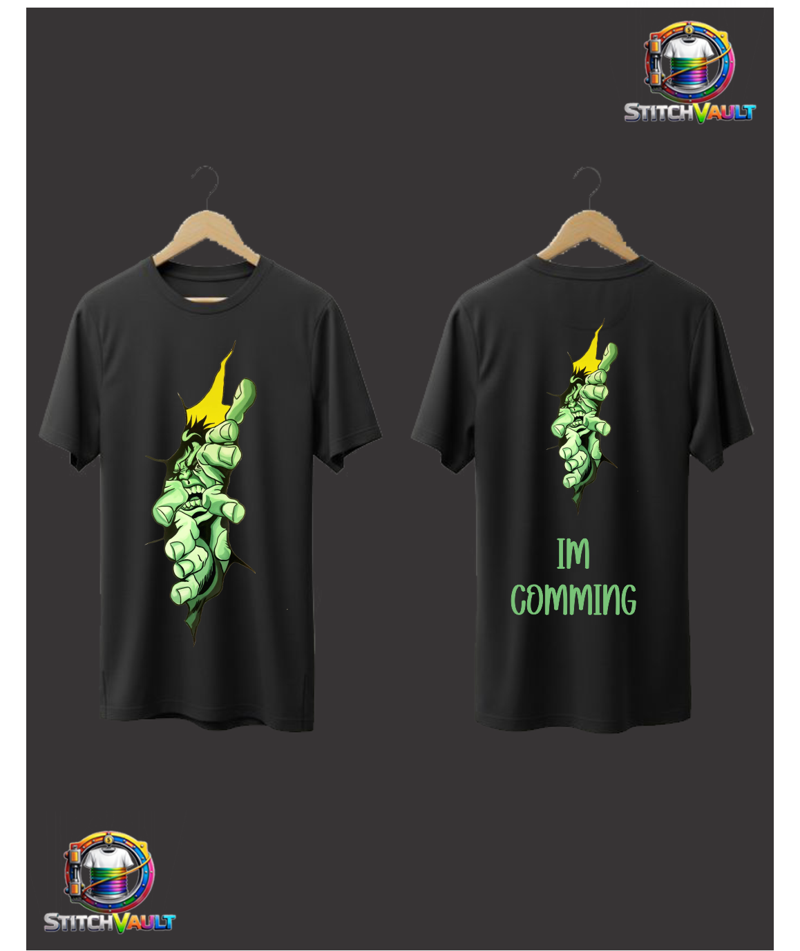 Unleashed Hulk Graphic Tee with ripped design, featuring green Hulk hand graphic on front and text "I'M COMING" on back, power graphic t-shirt.