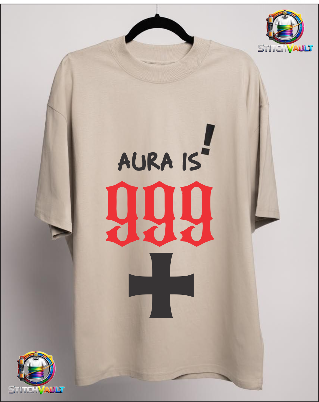 Aura is 999 graphic t-shirt with bold typography and symbol print on beige cotton fabric