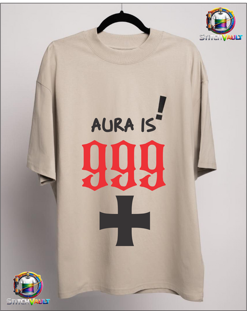 Aura is 999 graphic t-shirt with bold typography and symbol print on beige cotton fabric