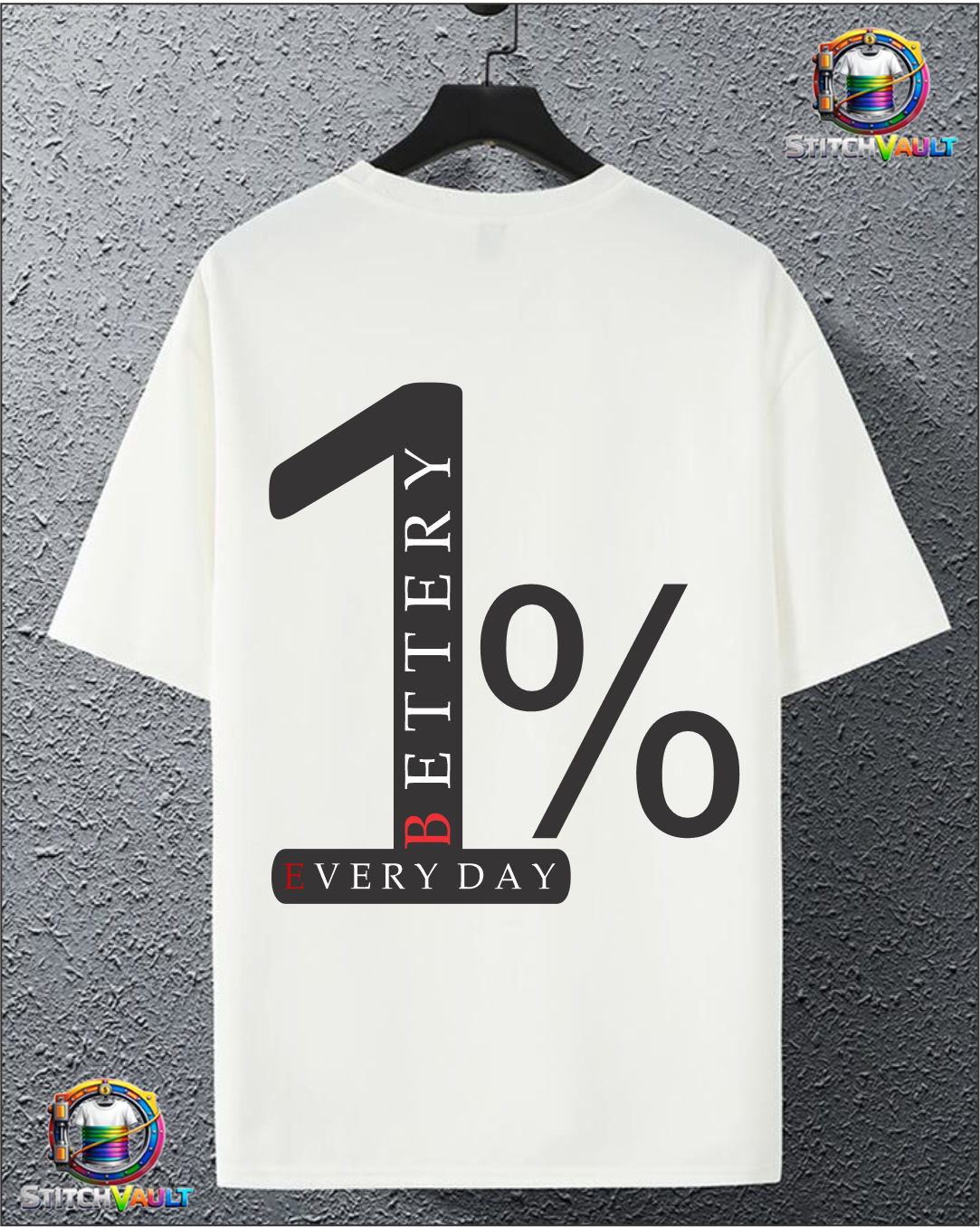 1% Better Every Day motivational growth mindset tee displayed on a hanger against a gray background.
