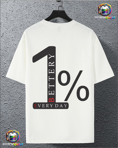 1% Better Every Day motivational growth mindset tee displayed on a hanger against a gray background.
