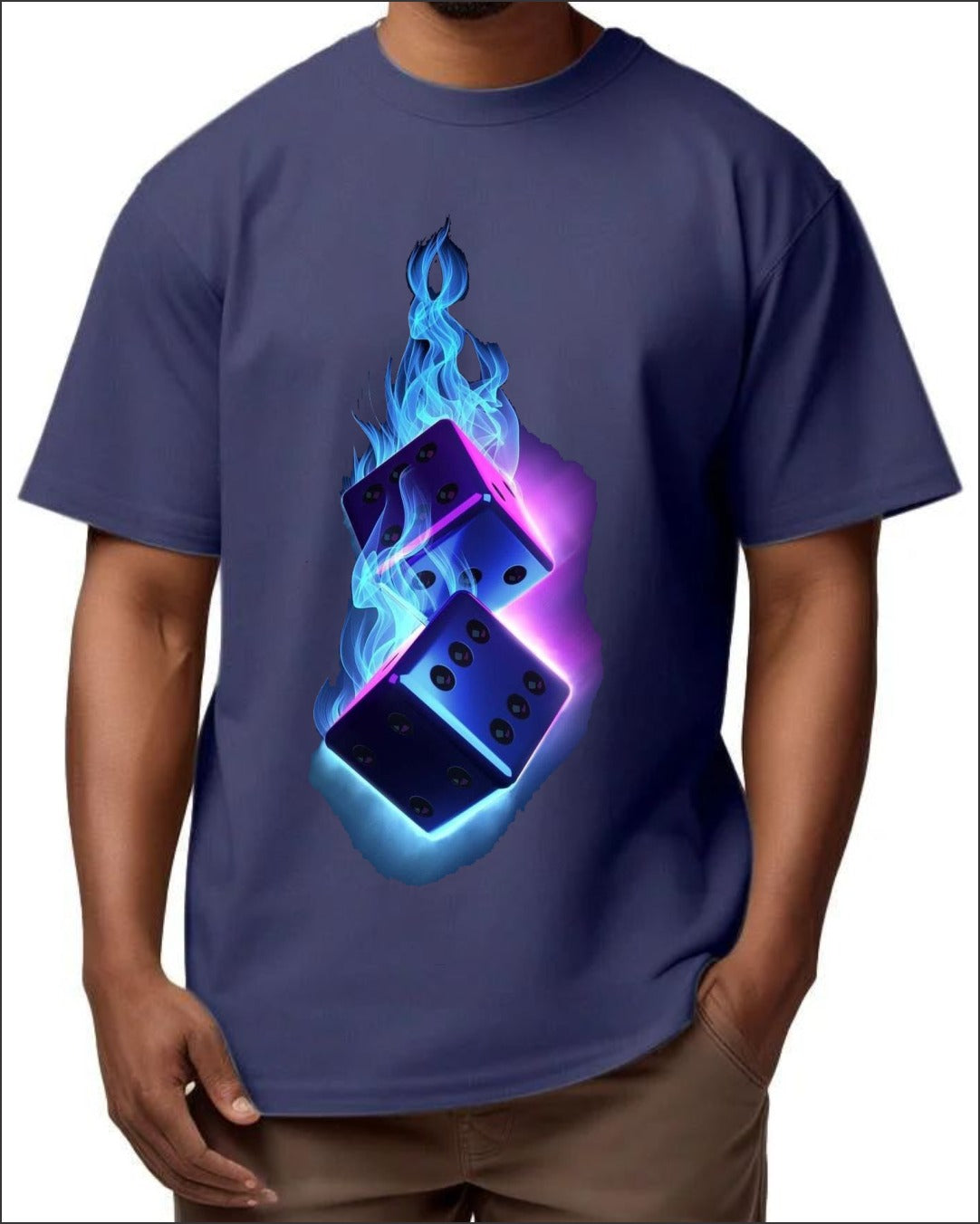 Navy blue t-shirt with glowing burning dice neon flame graphic print