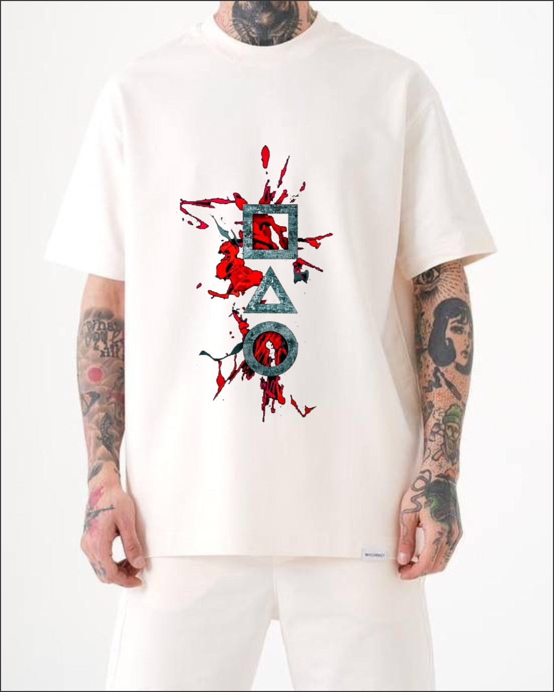 White t-shirt with PlayStation square triangle circle symbols graphic print