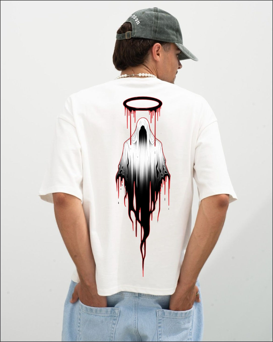 White t-shirt with dark angel dripping halo back graphic print
