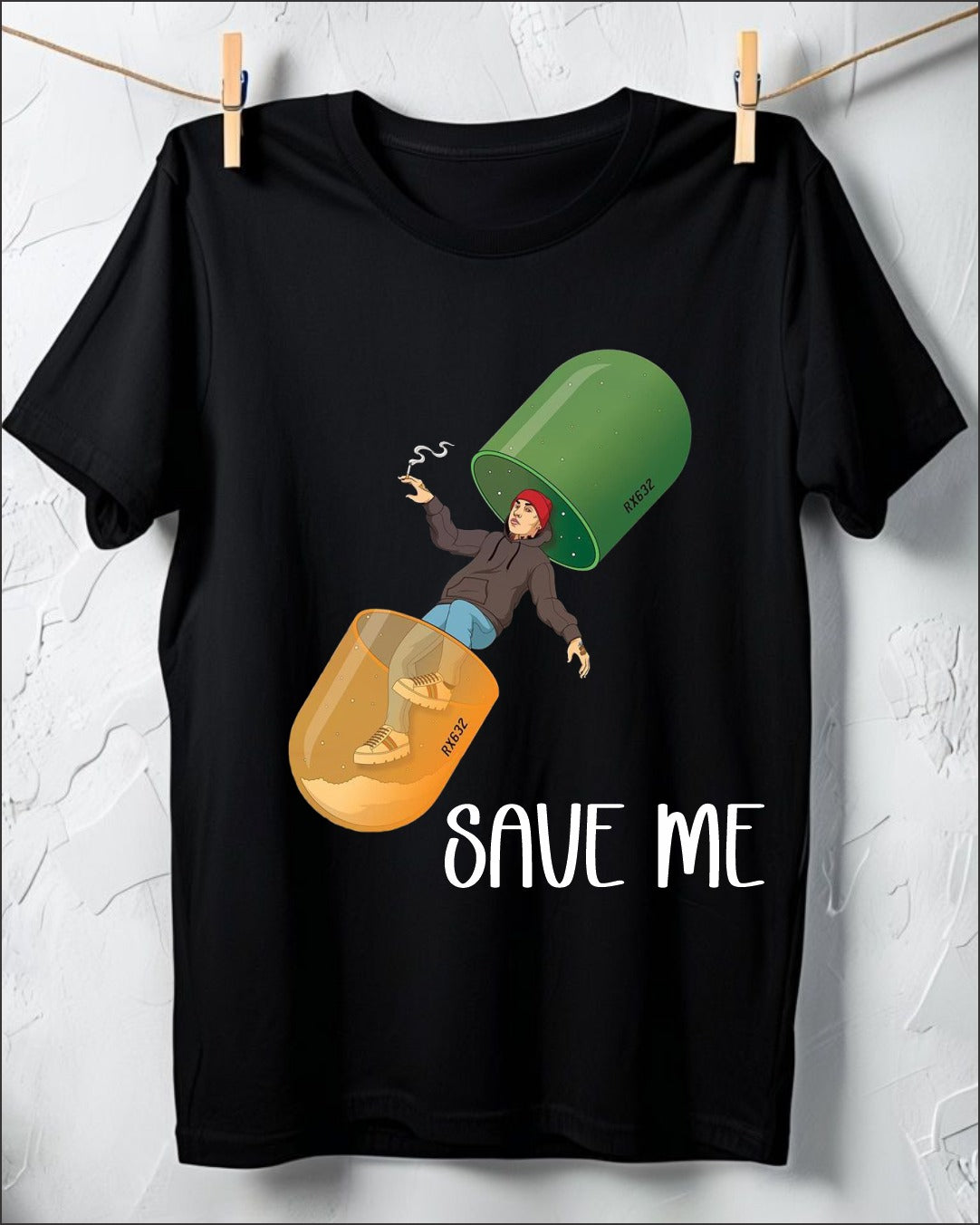 Black t-shirt with save me text and capsule illustration graphic print
