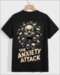 Black t-shirt with screaming face skull graphic and anxiety attack text print