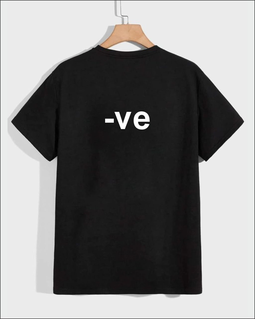 Black t-shirt with minimal “-ve” text graphic design on the back