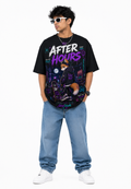 StitchVaults™ black oversized graphic T-shirt featuring the After Hours neon fox artwork from the Kawaii Street™ collection with Japanese-inspired urban streetwear aesthetics.