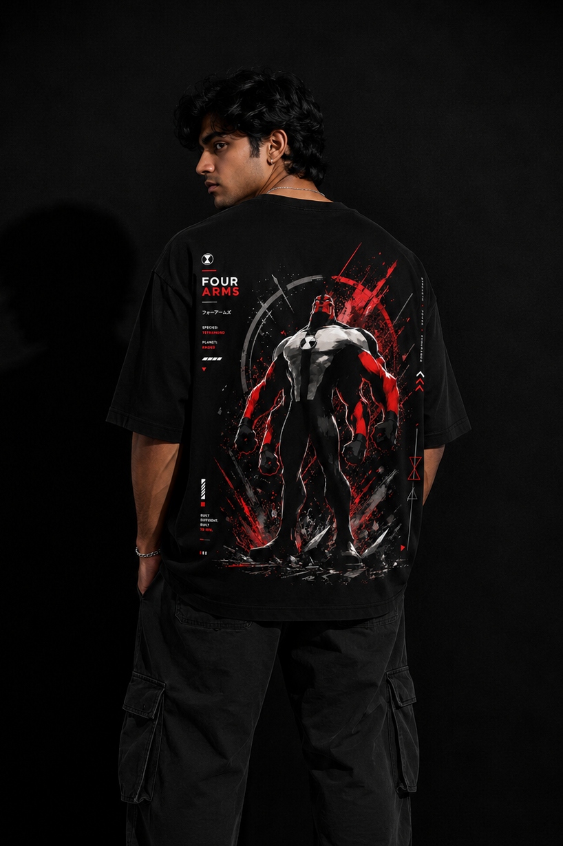 Person wearing a black t-shirt with a graphic design on the back against a dark background four arms force