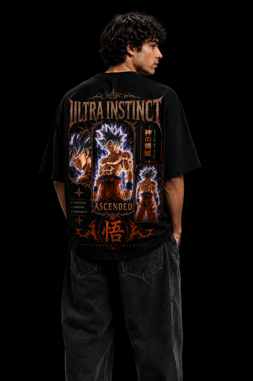 Person wearing a black t-shirt with 'Ultra Instinct Ascended' design on the back, standing against a black background.