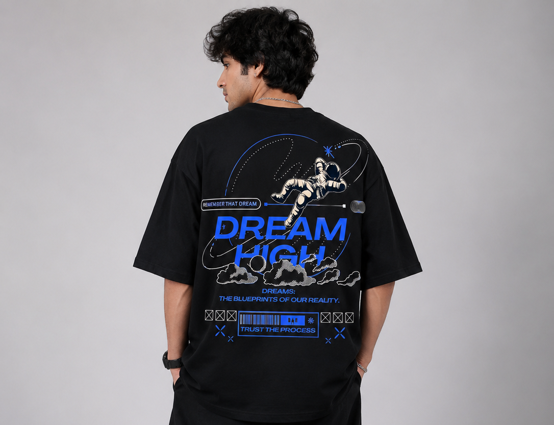 StitchVaults™ Dream High Astronaut Oversized Graphic T-Shirt for Men