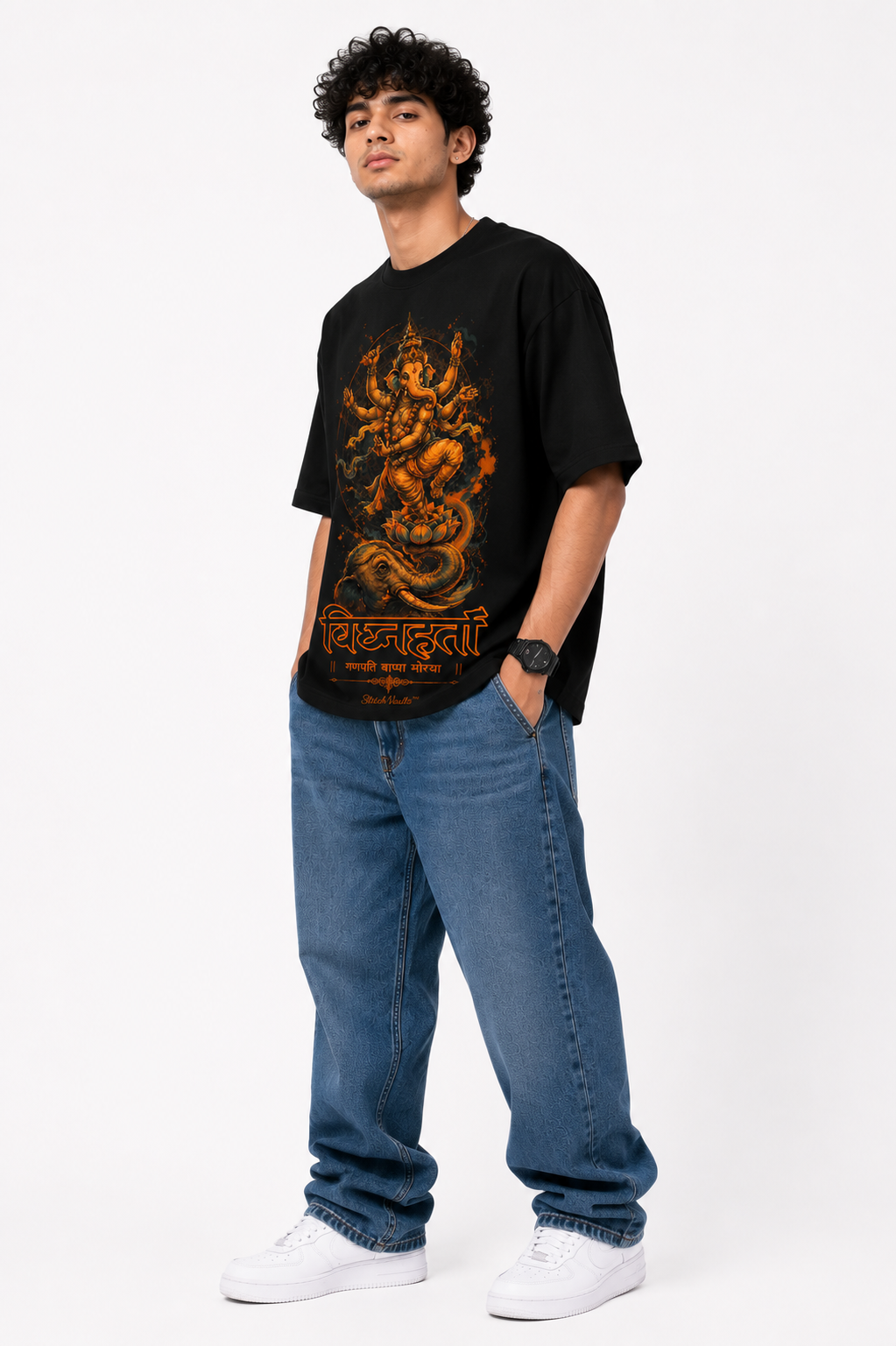 StitchVaults™ Vighnaharta Ganpati Morya Oversized Graphic T-Shirt – GANESHA LEGACY™ Collection | Premium Cotton