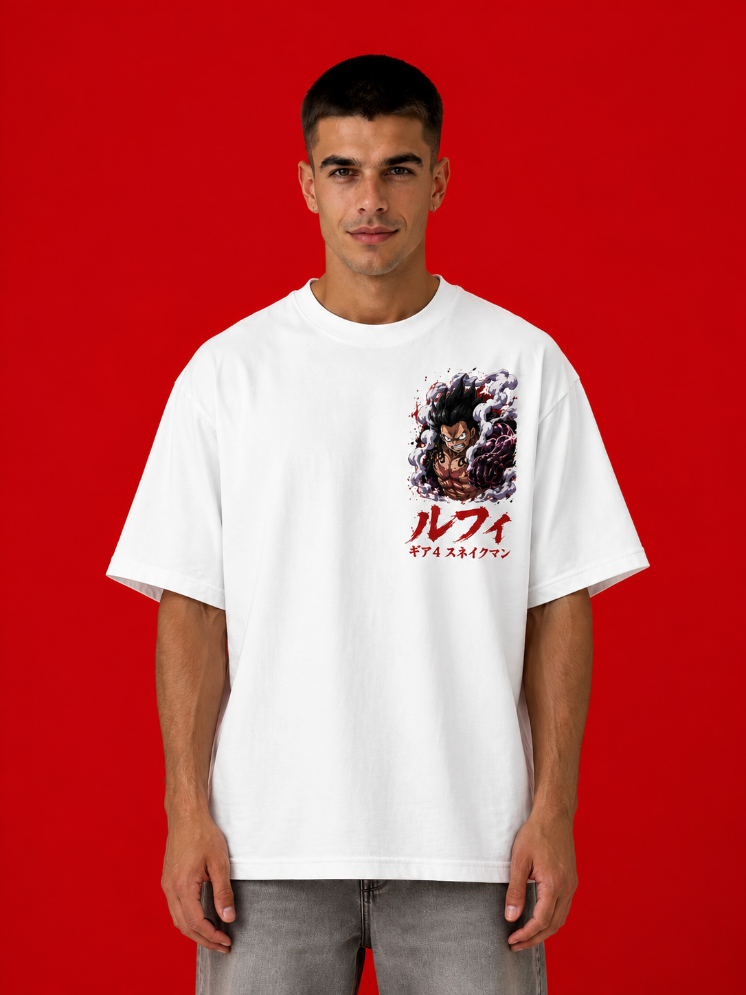 LUFFY GEAR 4 SNAKEMAN™ Oversized Anime Streetwear Tee – White Edition