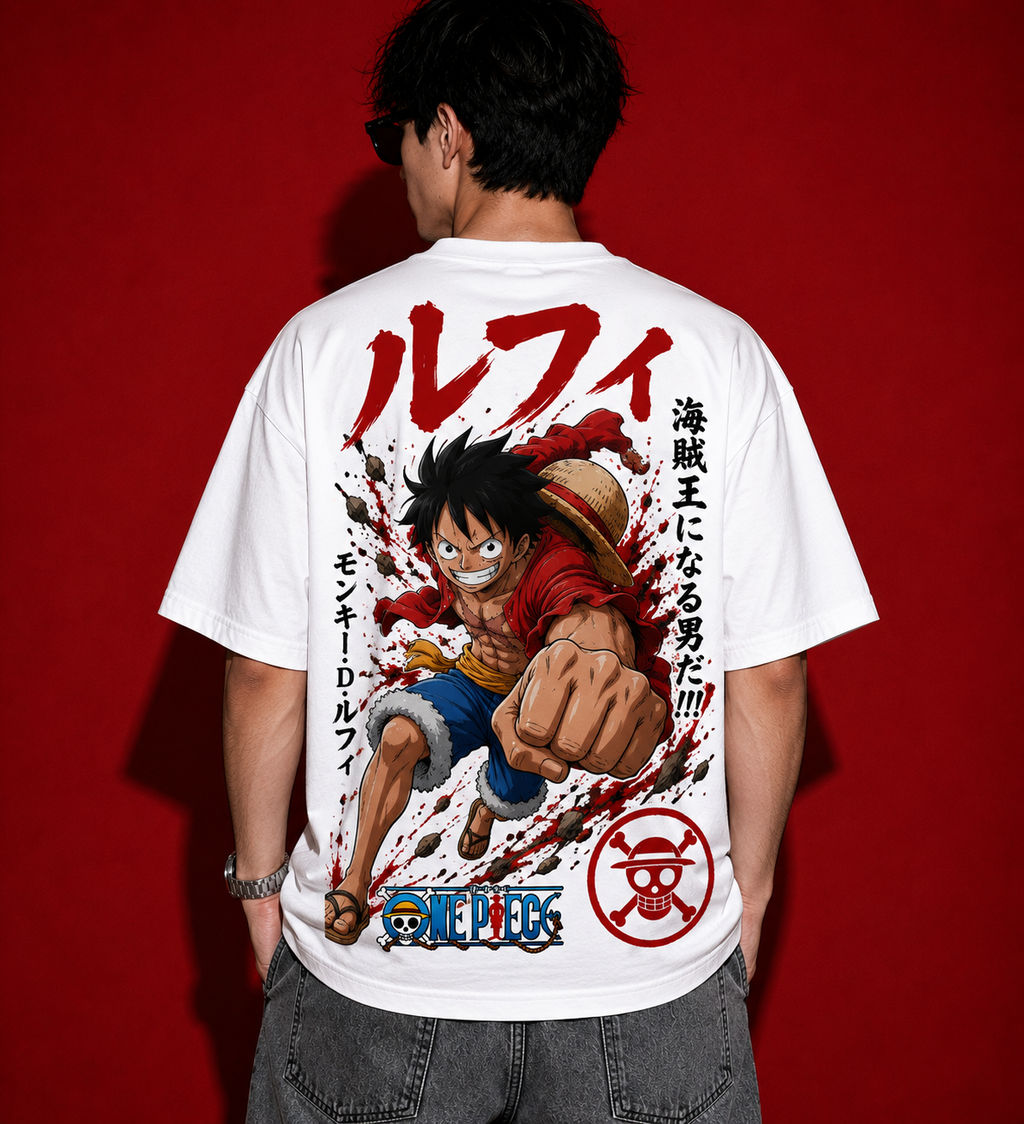 LUFFY GEAR RUSH™ Oversized Anime Streetwear Tee – White Edition