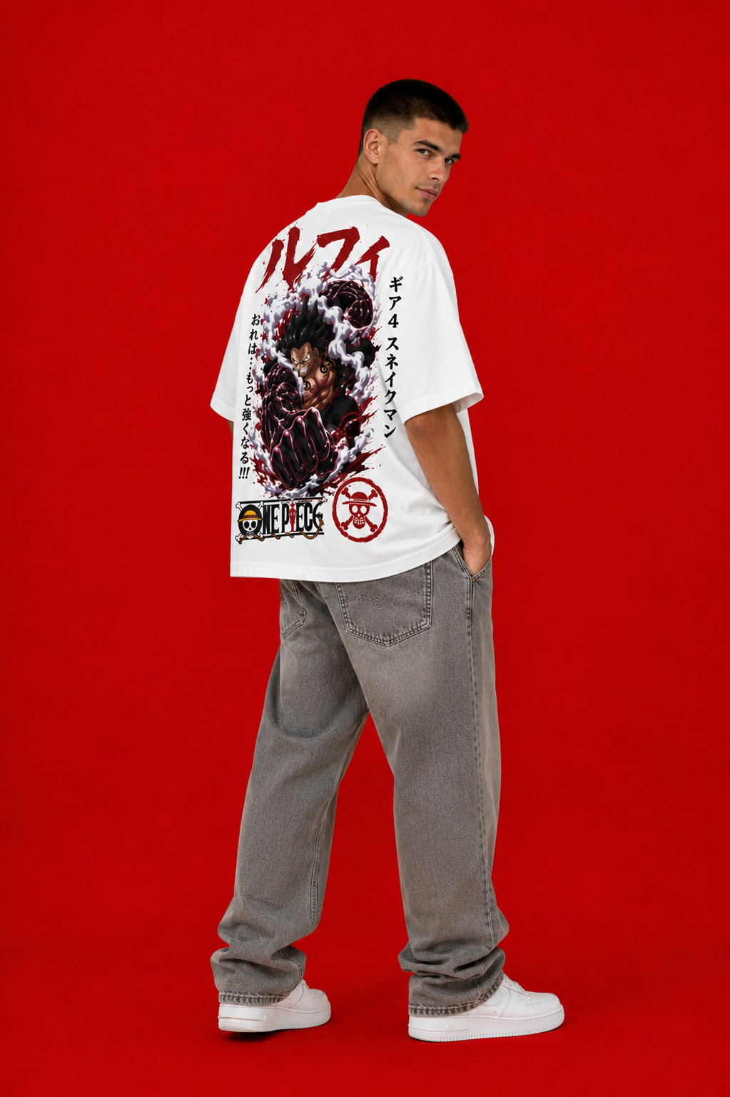 LUFFY GEAR 4 SNAKEMAN™ Oversized Anime Streetwear Tee – White Edition