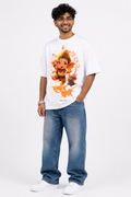 White oversized graphic T-shirt from the StitchVaults™ GANESHA LEGACY™ Collection featuring an adorable Baby Lord Ganesha walking with Mushakraj alongside the Hindi phrase "सर्वश्रेष्ठ मित्र" in vibrant devotional artwork.